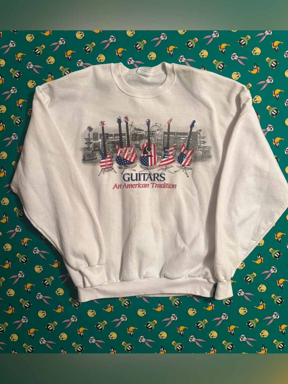 Jerzees White Crewneck Sweatshirt with Patriotic Guitar Graphic